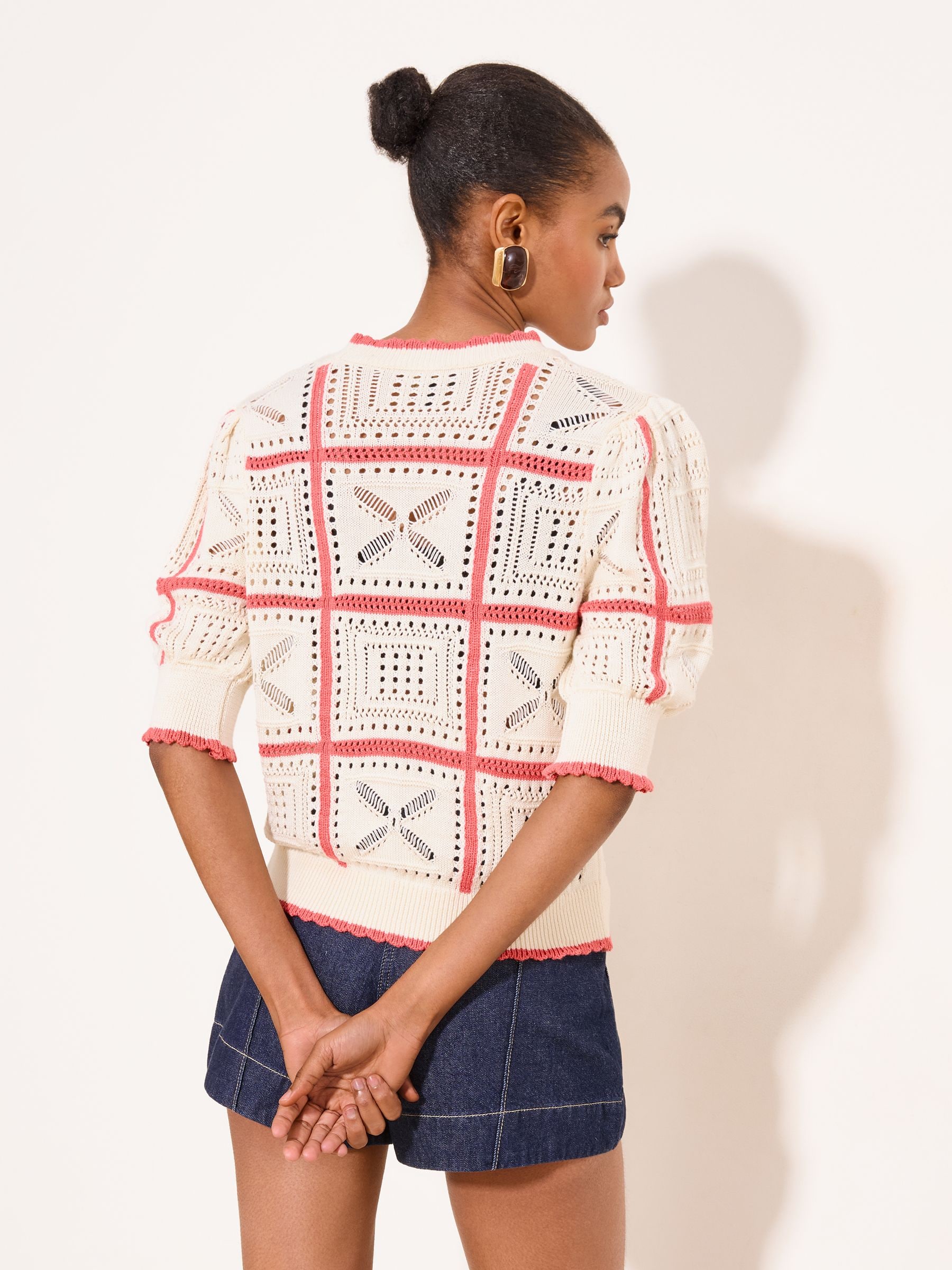 Buy Lipsy Cream Coral Square Print Crochet Knitted Top from Next USA