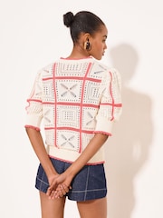 Lipsy Cream Coral Square Print Crochet Knitted Top - Image 3 of 4