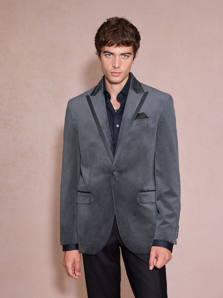 Charcoal Grey Slim Fit Velvet Blazer - Image 1 of 4 Charcoal Grey Slim Fit Velvet Blazer - Image 1 of 4
