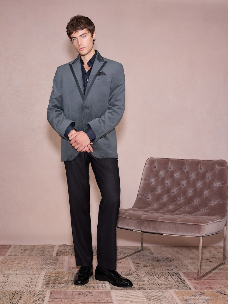 Charcoal Grey Slim Fit Velvet Blazer - Image 2 of 4 Charcoal Grey Slim Fit Velvet Blazer - Image 2 of 4