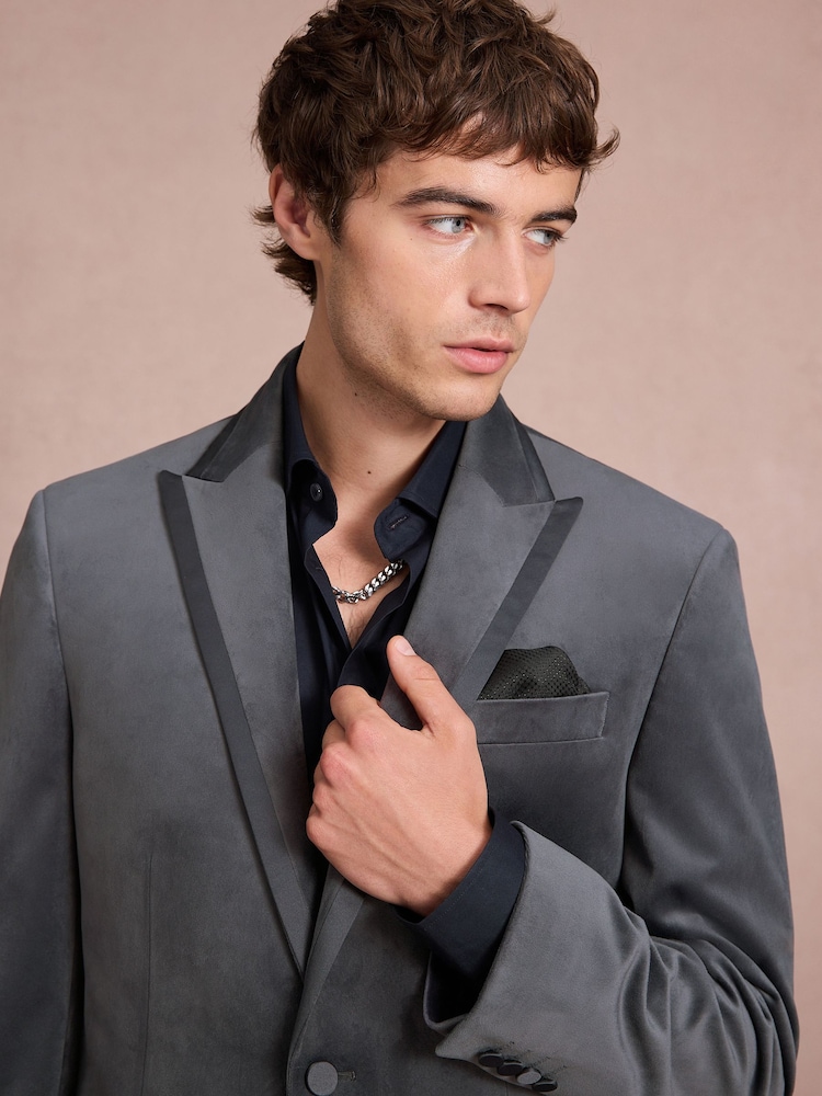 Charcoal Grey Slim Fit Velvet Blazer - Image 4 of 4 Charcoal Grey Slim Fit Velvet Blazer - Image 4 of 4