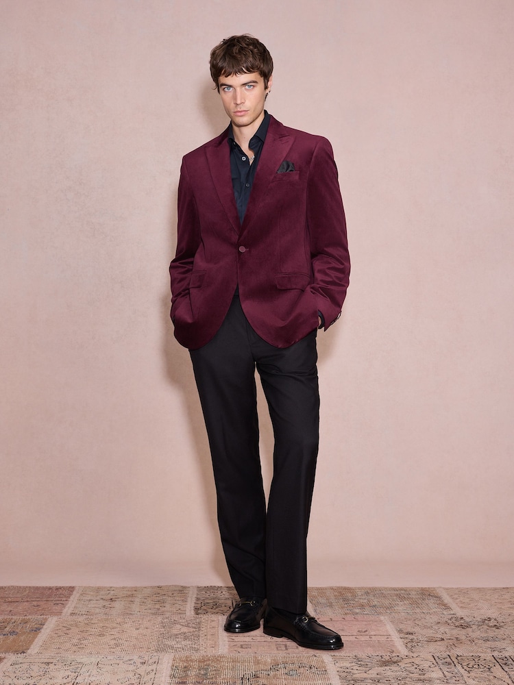 Burgundy Red Regular Fit Velvet Blazer - Image 2 of 10 Burgundy Red Regular Fit Velvet Blazer - Image 2 of 10