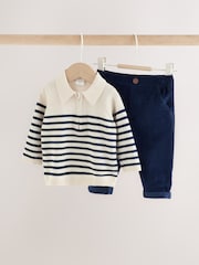 Blue/Cream Stripe Baby Collared Knitted Top and Trousers Set (0mths-2yrs) - Image 1 of 10