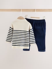 Blue/Cream Stripe Baby Collared Knitted Top and Trousers Set (0mths-2yrs) - Image 4 of 10