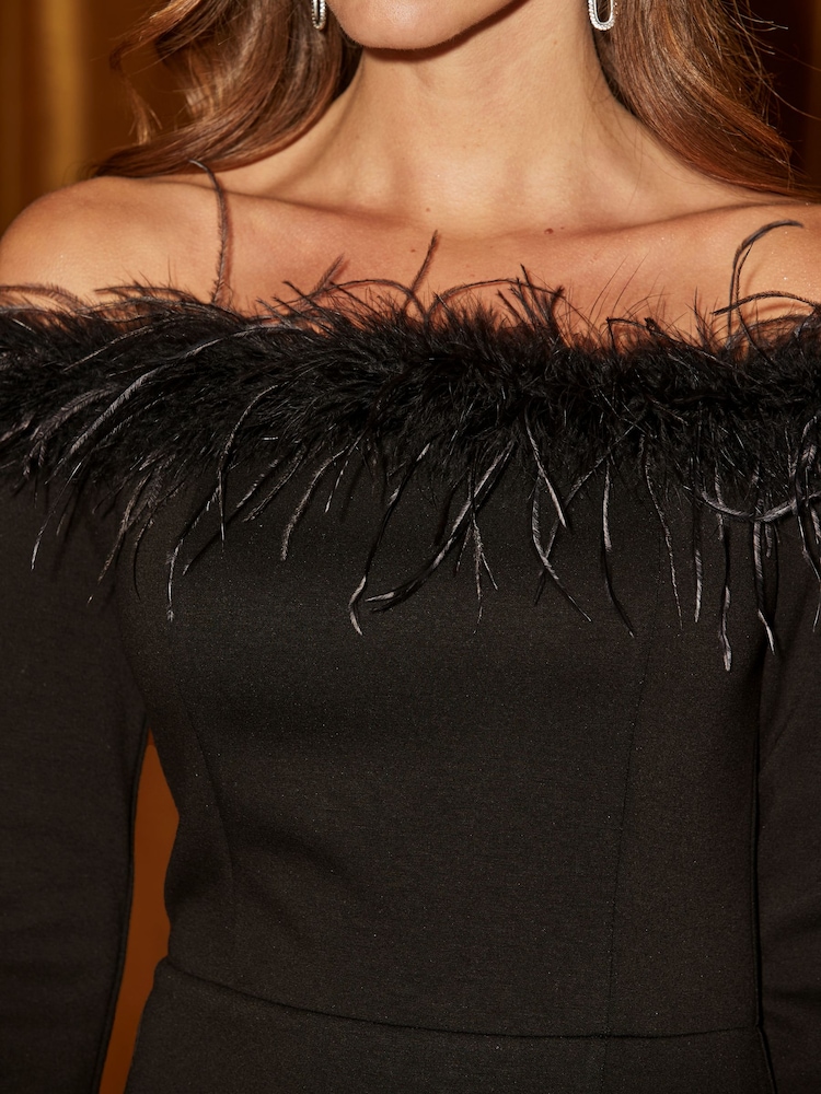 Sosandar Black Feather Trim Bardot Dress - Image 5 of 5 Sosandar Black Feather Trim Bardot Dress - Image 5 of 5