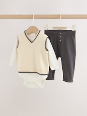 Charcoal Grey/Cream Baby Knit Vest, Bodysuit and Trousers Set (0mths-3yrs) - Image 1 of 11