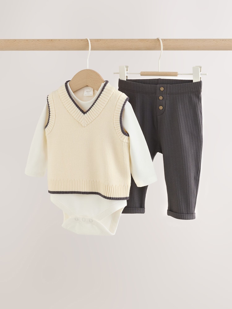 Charcoal Grey/Cream Baby Knit Vest, Bodysuit and Trousers Set (0mths-3yrs) - Image 1 of 11 Charcoal Grey/Cream Baby Knit Vest, Bodysuit and Trousers Set (0mths-3yrs) - Image 1 of 11
