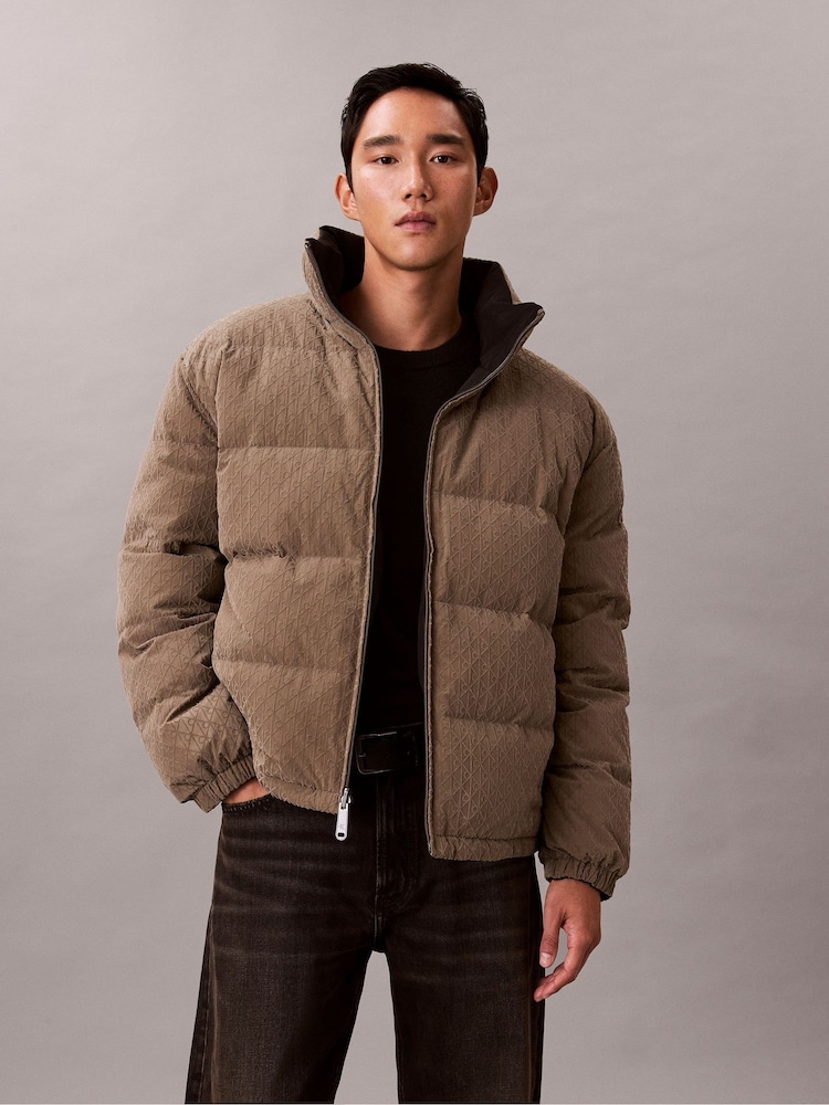 Calvin Klein Brown Allover Emblem Logo Reversible Puffer Jacket - Image 1 of 7