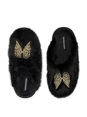 Victoria's Secret Black Angel Wings Closed Toe Faux Fur Slippers - Image 1 of 2