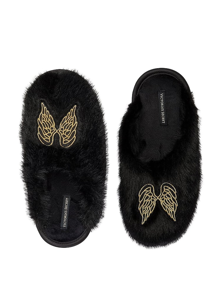 Victoria's Secret Black Angel Wings Closed Toe Faux Fur Slippers - Image 1 of 2