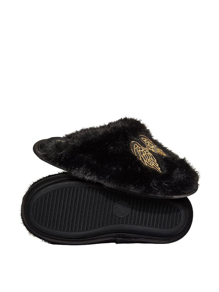 Victoria's Secret Black Angel Wings Closed Toe Faux Fur Slippers - Image 2 of 2