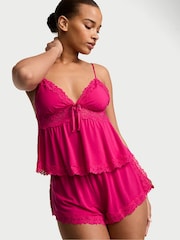 Victoria's Secret Pop Pink Lace Trim Modal Cami Set - Image 1 of 2