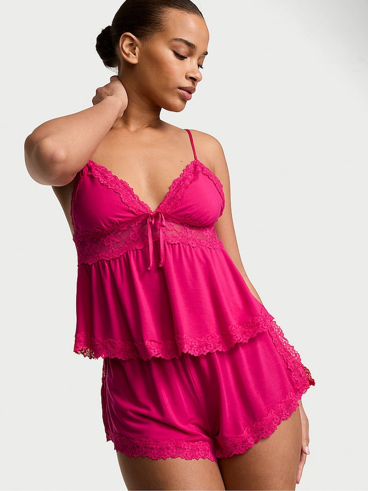 Victoria's Secret Pop Pink Lace Trim Modal Cami Set - Image 1 of 2