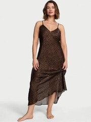 Victoria's Secret Leopard Brown Sheer Satin Long Slip Dress - Image 1 of 3