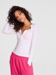 Victoria's Secret Pink White Ribbed Long Sleeve T-Shirt - Image 1 of 2