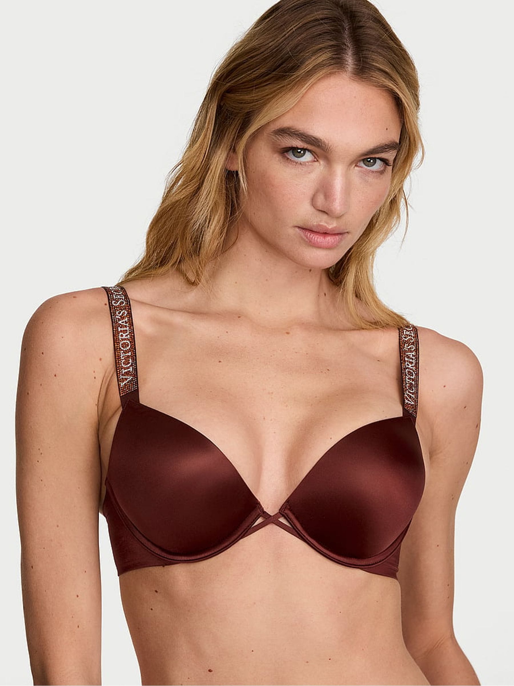 Victoria's Secret Dark Chili Brown Add 2 Cups Push Up Bombshell Shine Strap Bra