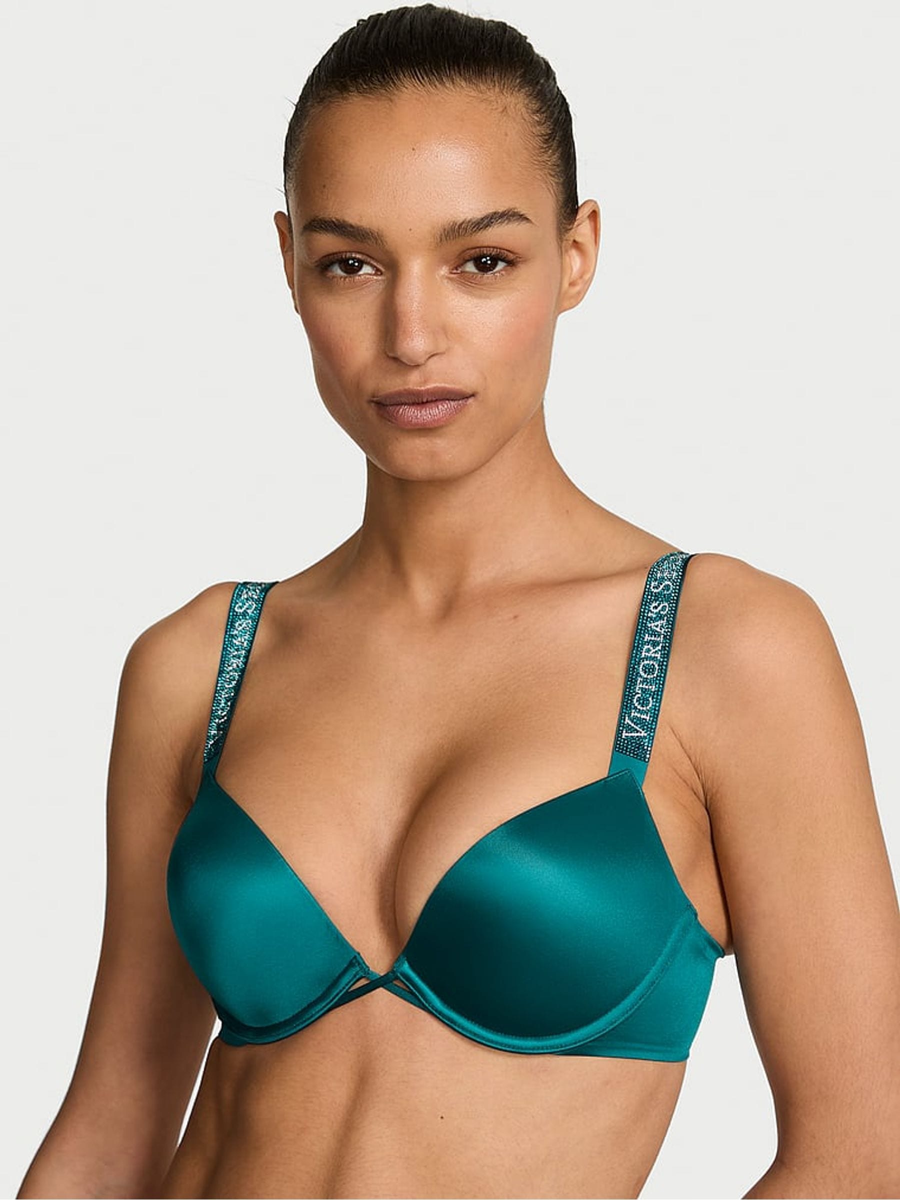 Victoria's Secret True Teal Blue Add 2 Cups Push Up Bombshell Shine Strap Bra