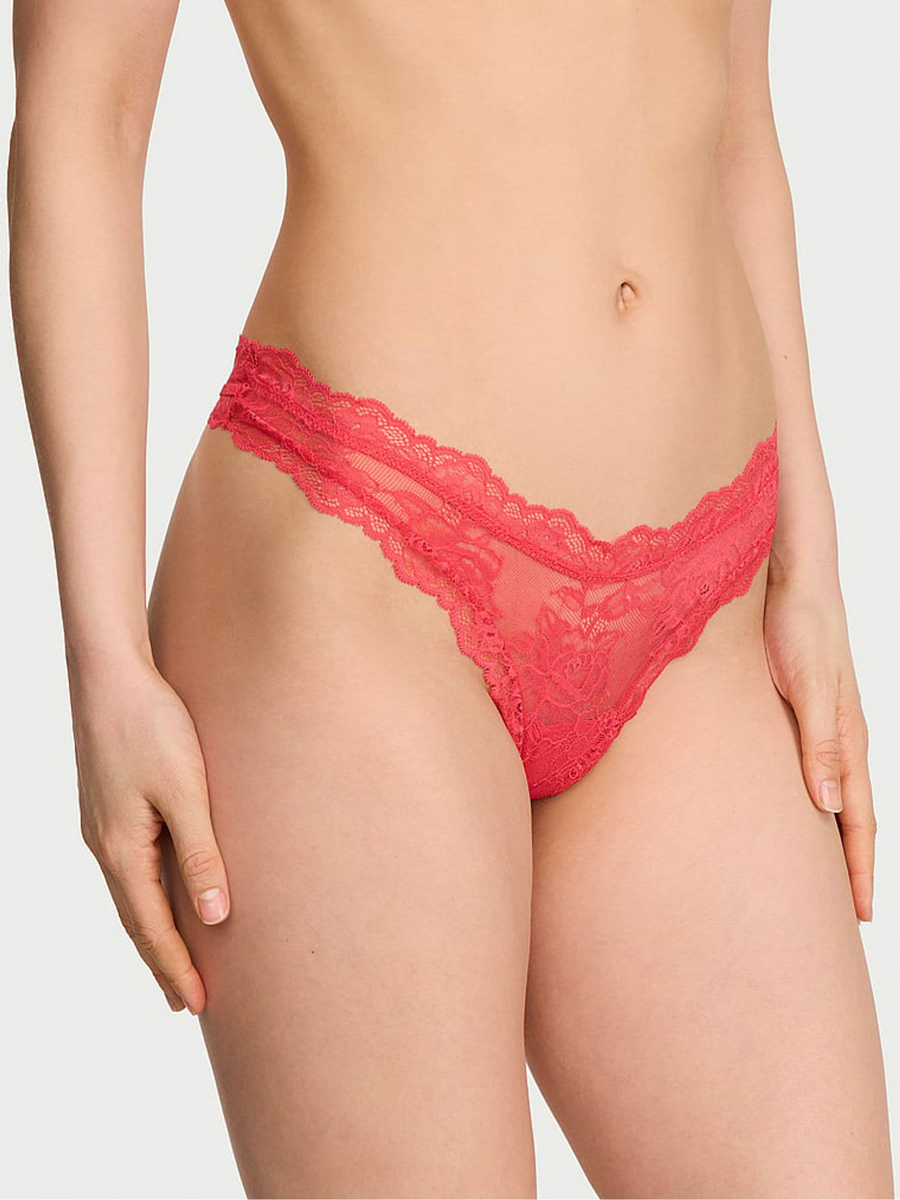 Victoria's Secret Hot Coral Pink Thong Rose Lace Knickers