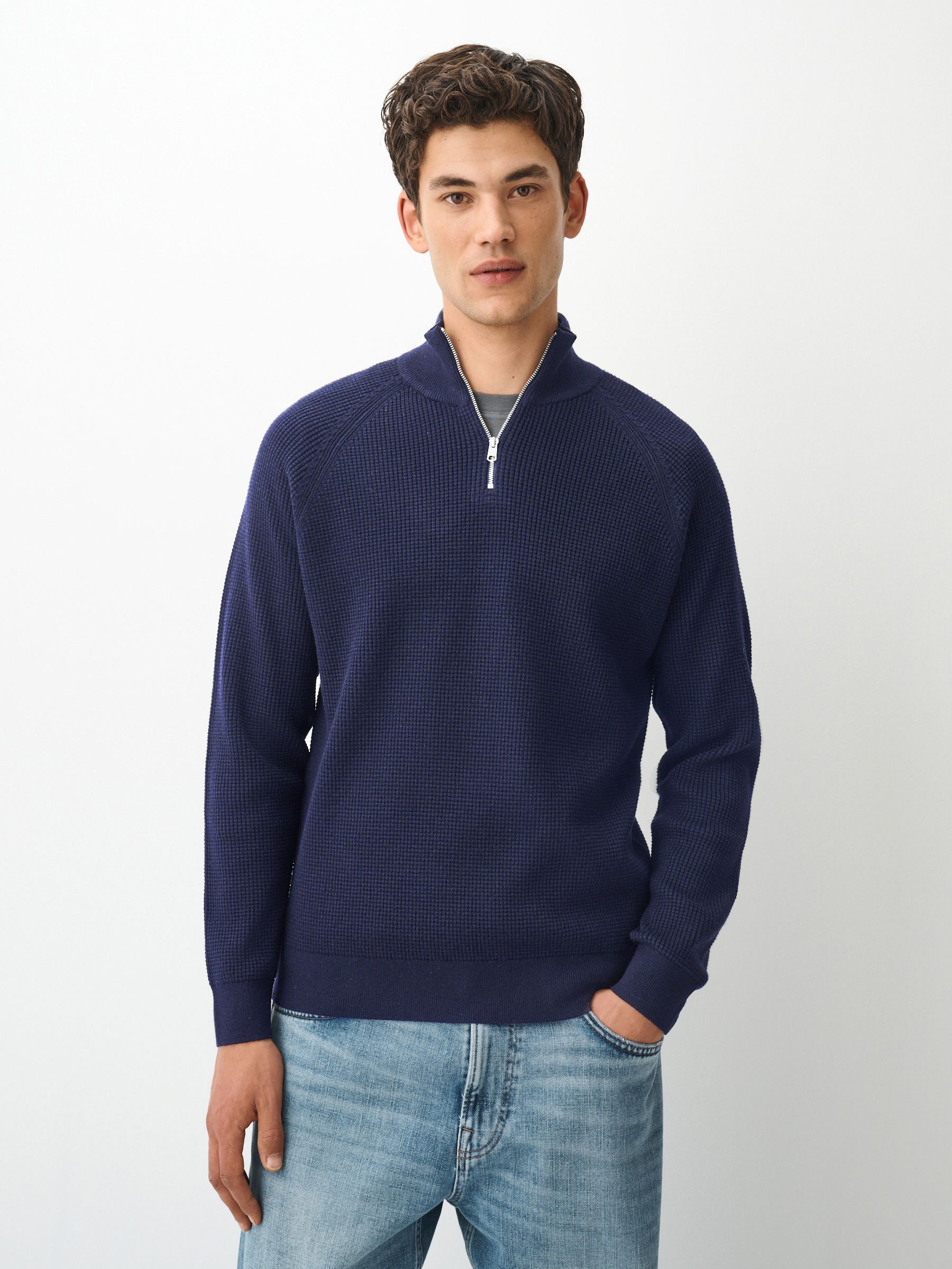 Buy Dark Blue Regular Fit Textured Quarter Zip Jumper from the