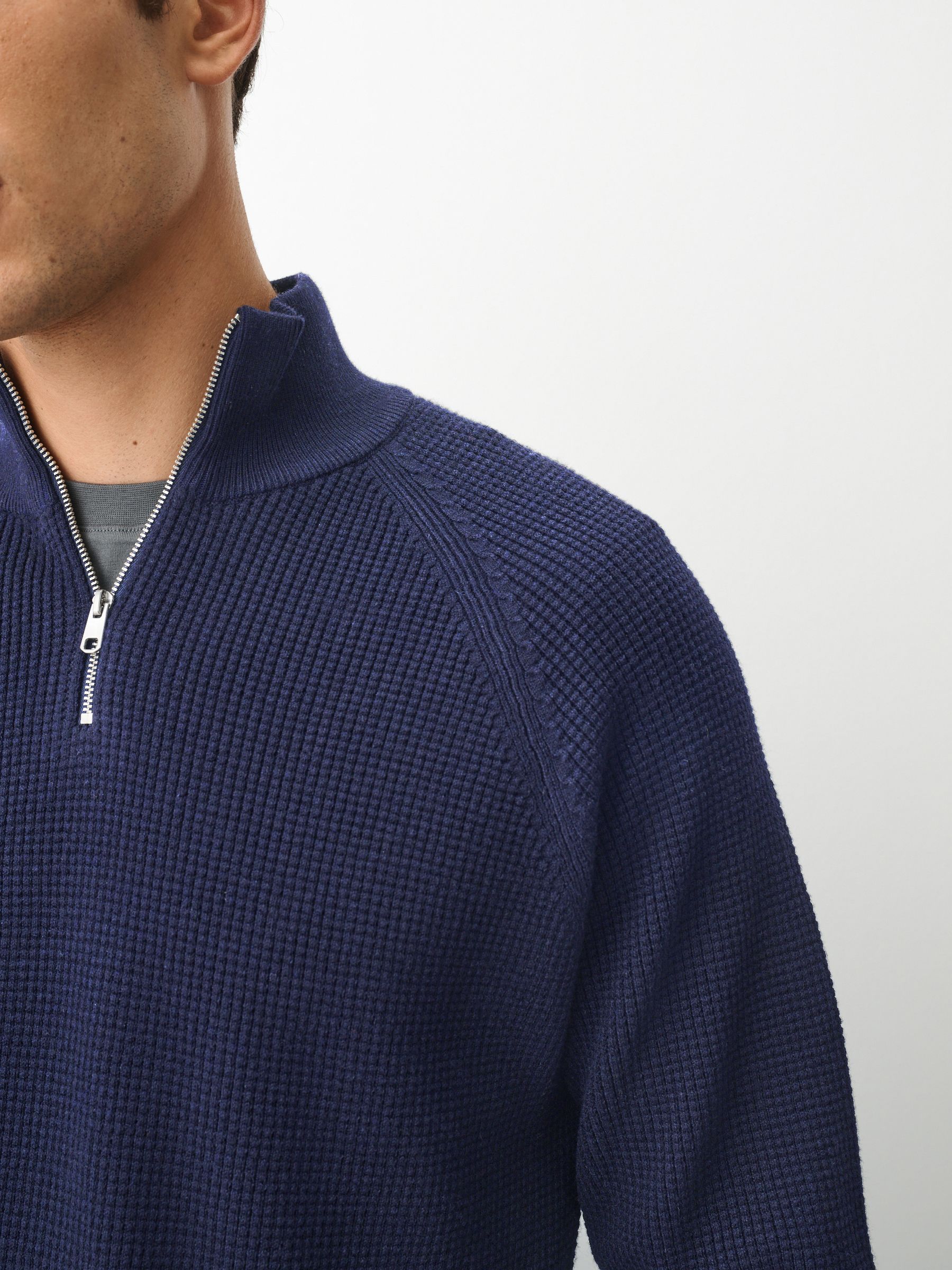 Buy Dark Blue Regular Fit Textured Quarter Zip Jumper from the