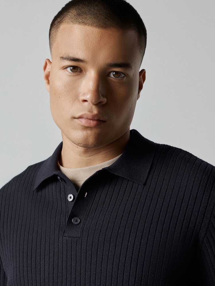 Navy Blue Essential Textured Polo Shirt - Image 1 of 4