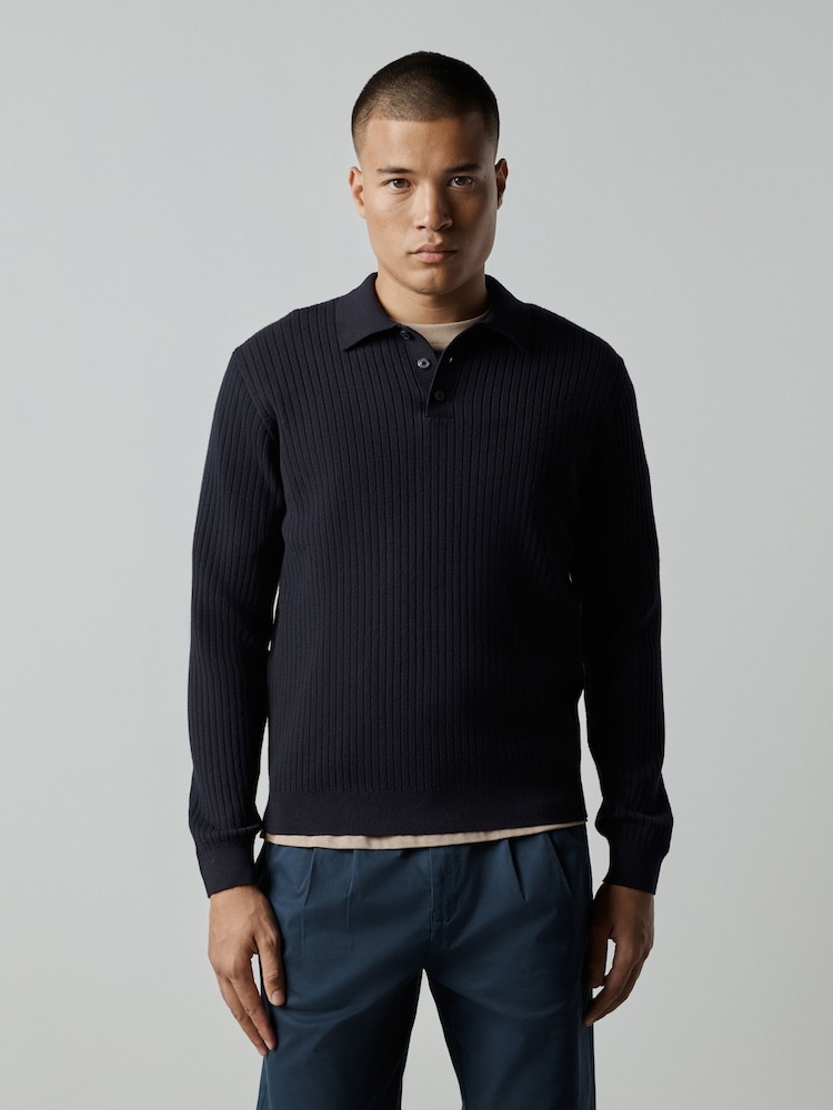 Navy Blue Essential Textured Polo Shirt - Image 2 of 4