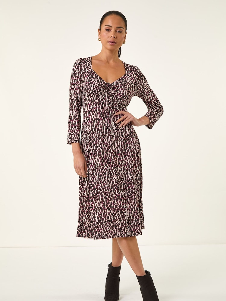 Roman Red Petite Animal Print Ruched Stretch Midi Dress - Image 2 of 4 Roman Red Petite Animal Print Ruched Stretch Midi Dress - Image 2 of 4