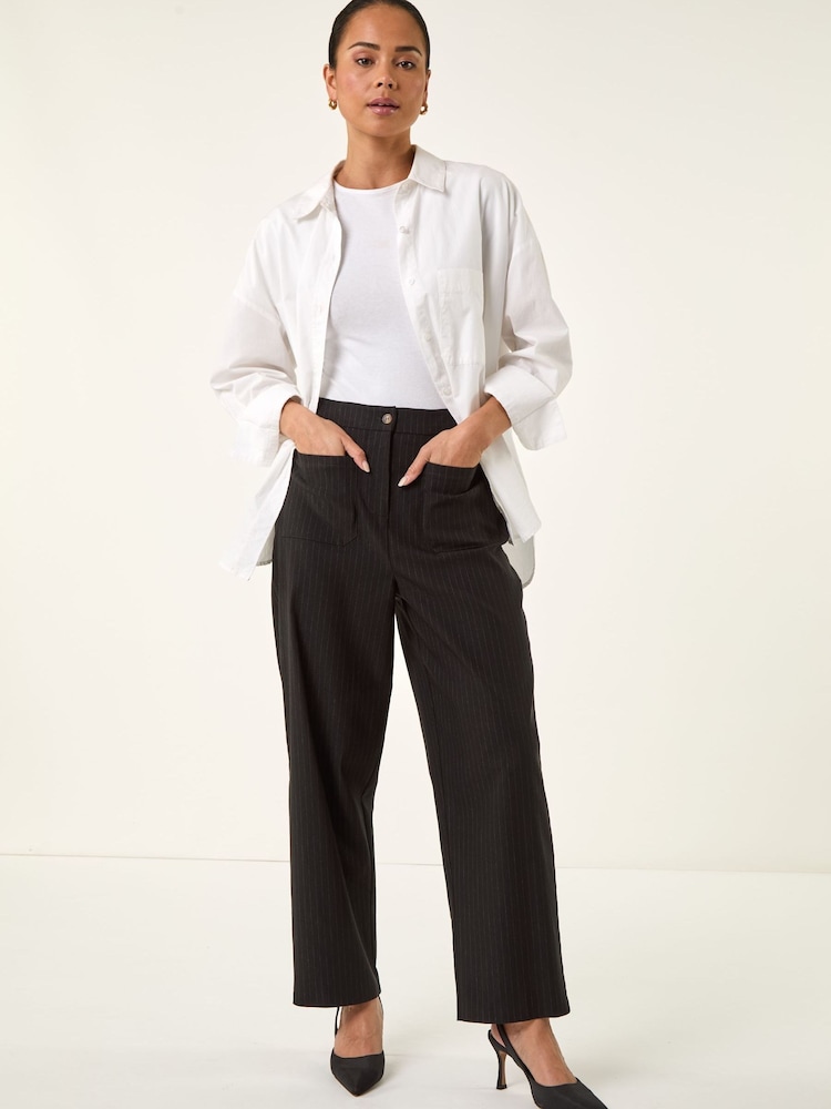 Roman Black Petite Stripe Print Bengaline Stretch Trousers - Image 2 of 5