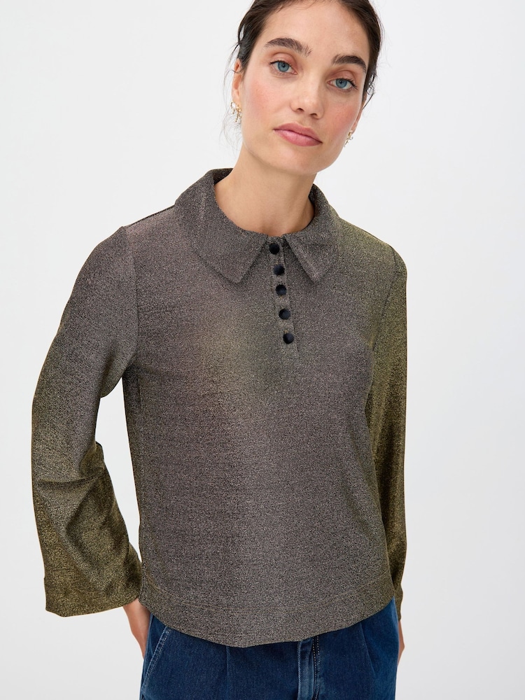 Oliver Bonas Gold Sparkle Long Sleeve Polo Neck Top - Image 1 of 8 Oliver Bonas Gold Sparkle Long Sleeve Polo Neck Top - Image 1 of 8