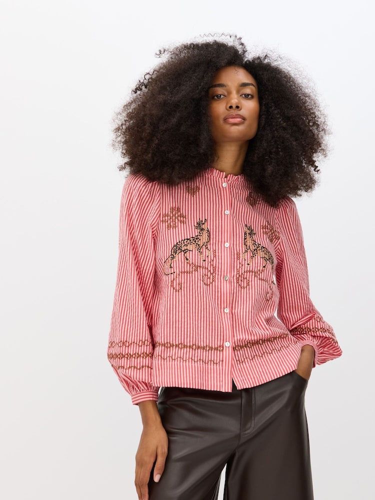 Oliver Bonas Pink Striped Leopard Embroidered Shirt - Image 1 of 8 Oliver Bonas Pink Striped Leopard Embroidered Shirt - Image 1 of 8