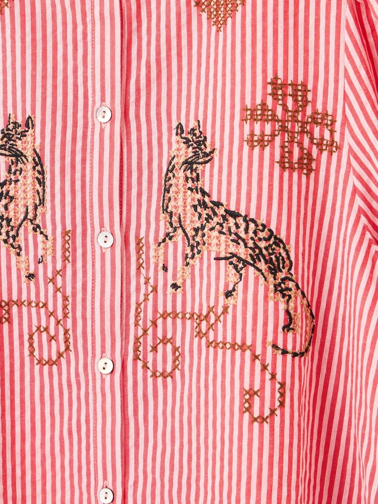 Oliver Bonas Pink Striped Leopard Embroidered Shirt - Image 8 of 8 Oliver Bonas Pink Striped Leopard Embroidered Shirt - Image 8 of 8