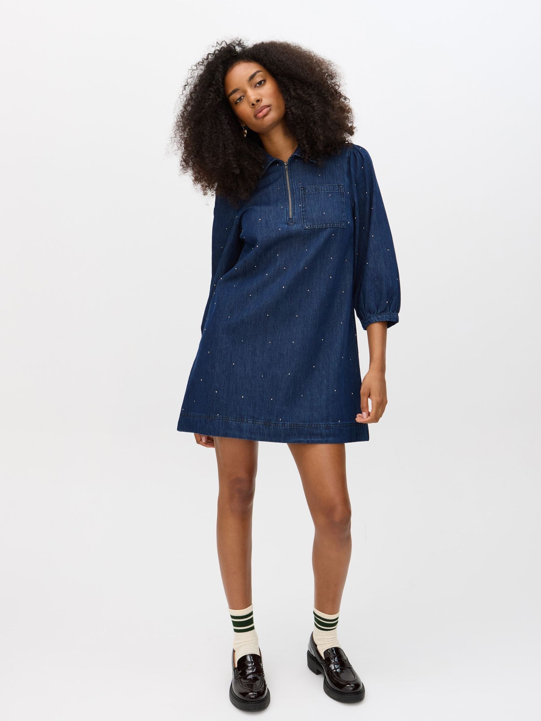 Buy Oliver Bonas Blue Denim Rhinestone Half Zip Mini Dress from