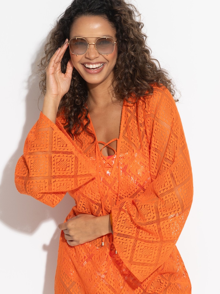 Pour Moi Orange Free Spirit Crochet Lace Long Sleeve Beach Cover-Up - Image 1 of 4