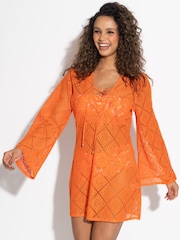 Pour Moi Orange Free Spirit Crochet Lace Long Sleeve Beach Cover-Up - Image 2 of 4