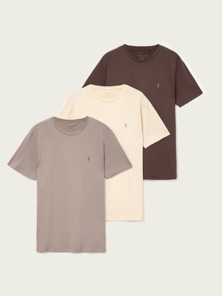 AllSaints Brown Brace Brushed Cotton T-Shirts 3 Pack - Image 1 of 9 AllSaints Brown Brace Brushed Cotton T-Shirts 3 Pack - Image 1 of 9