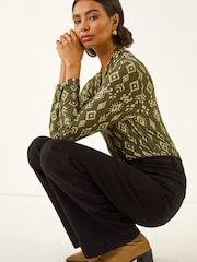 Roman Green Aztec Print V-Neck Stretch T-Shirt - Image 1 of 5