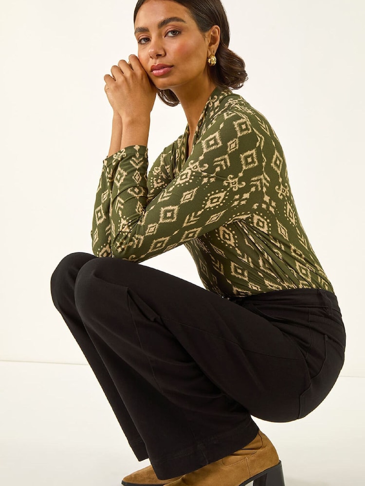 Roman Green Aztec Print V-Neck Stretch T-Shirt - Image 1 of 5 Roman Green Aztec Print V-Neck Stretch T-Shirt - Image 1 of 5