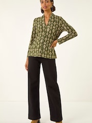 Roman Green Aztec Print V-Neck Stretch T-Shirt - Image 2 of 5