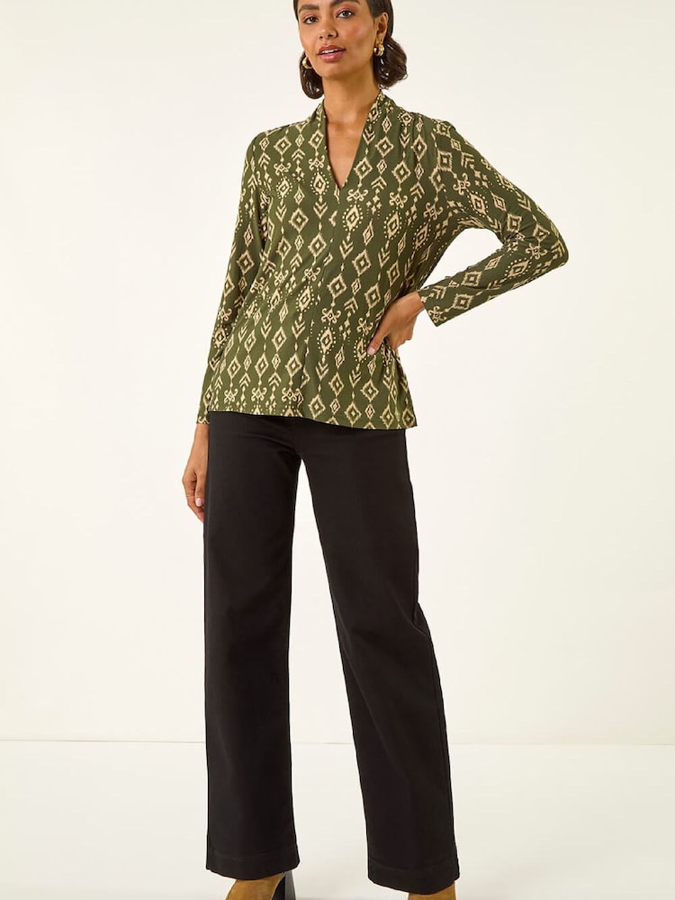 Roman Green Aztec Print V-Neck Stretch T-Shirt - Image 2 of 5 Roman Green Aztec Print V-Neck Stretch T-Shirt - Image 2 of 5