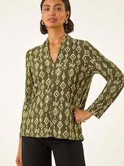 Roman Green Aztec Print V-Neck Stretch T-Shirt - Image 4 of 5
