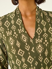 Roman Green Aztec Print V-Neck Stretch T-Shirt - Image 5 of 5