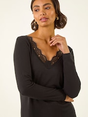Roman Black Lace V-Neck Stretch Tunic Top - Image 1 of 5