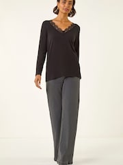Roman Black Lace V-Neck Stretch Tunic Top - Image 2 of 5