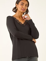 Roman Black Lace V-Neck Stretch Tunic Top - Image 4 of 5