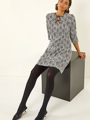 Roman Black Tile Print Tie Keyhole Stretch Dress - Image 1 of 5