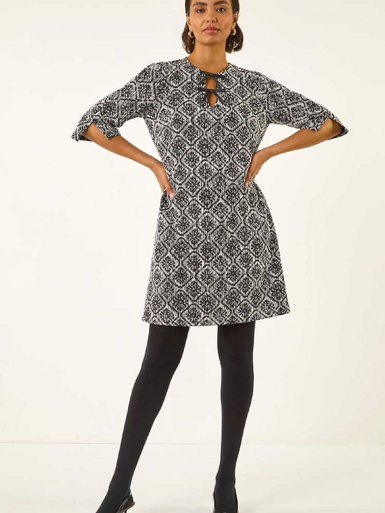 Roman Black Tile Print Tie Keyhole Stretch Dress - Image 2 of 5 Roman Black Tile Print Tie Keyhole Stretch Dress - Image 2 of 5