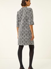 Roman Black Tile Print Tie Keyhole Stretch Dress - Image 3 of 5