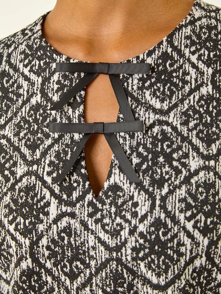 Roman Black Tile Print Tie Keyhole Stretch Dress - Image 5 of 5 Roman Black Tile Print Tie Keyhole Stretch Dress - Image 5 of 5