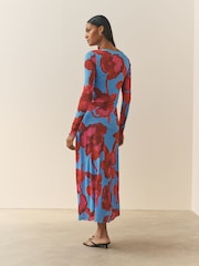 Floral - Nothing Ordinary Print Mesh Slash Neck Long Sleeve Midi Dress - Imaginea 2 din 3