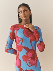 Floral - Nothing Ordinary Print Mesh Slash Neck Long Sleeve Midi Dress - Imaginea 3 din 3